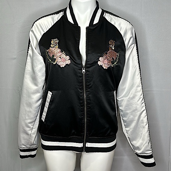 VANS Souvenir Satin Embroidered Jacket with Tigers and Palm Trees Black Size M - Picture 2 of 15